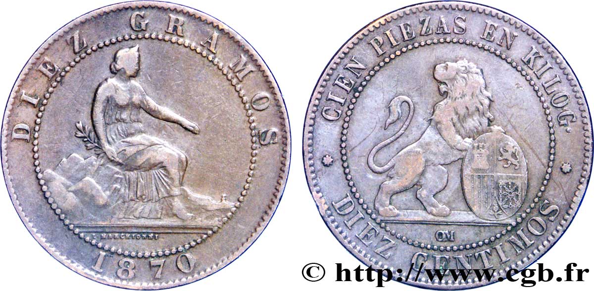 SPAIN 10 Centimos monnayage provisoire “ESPAÑA” assise / lion au bouclier 1870 Oeschger Mesdach & CO XF 
