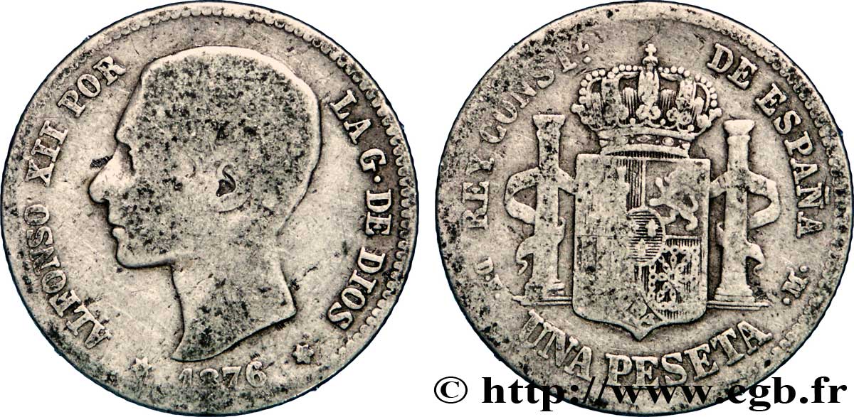 ESPAGNE 1 Peseta Alphonse XII / emblème couronné (76) 1876 Madrid TB 