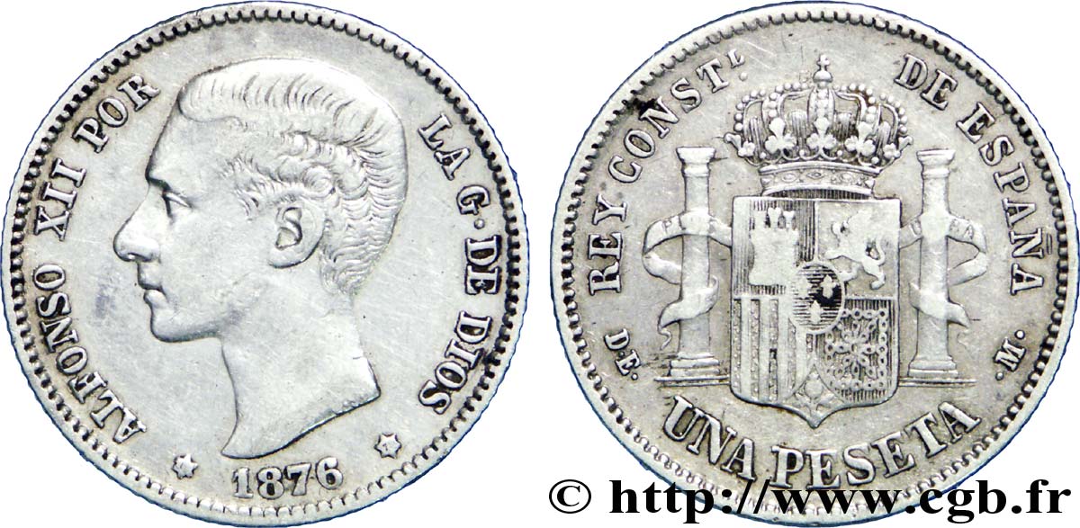 ESPAGNE 1 Peseta Alphonse XII / emblème couronné (76) 1876 Madrid TTB 