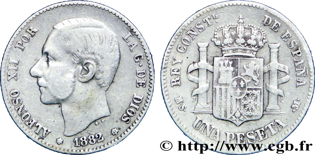 ESPAGNE 1 Peseta Alphonse XII  / emblème couronné (82) 1882 Madrid TB+ 