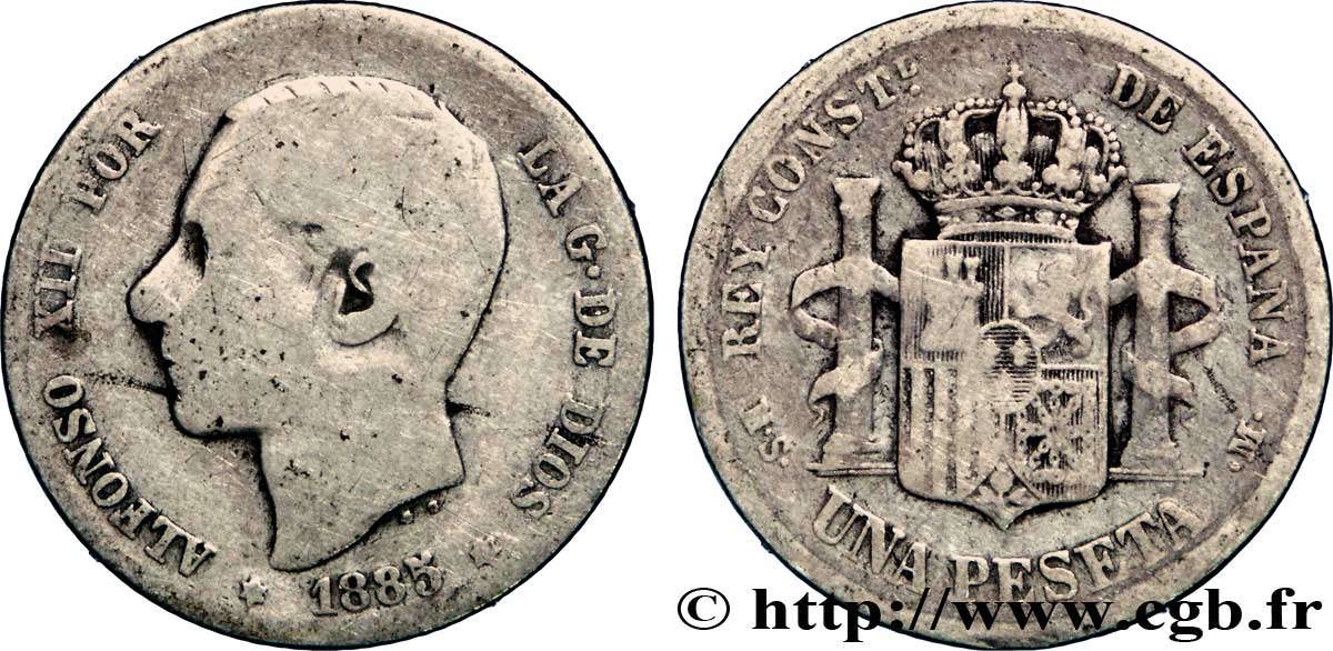 ESPAGNE 1 Peseta Alphonse XII  / emblème couronné 1885 Madrid B+ 