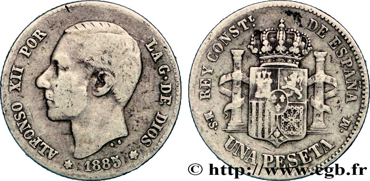 ESPAGNE 1 Peseta Alphonse XII  / emblème couronné 1885 Madrid TB+ 