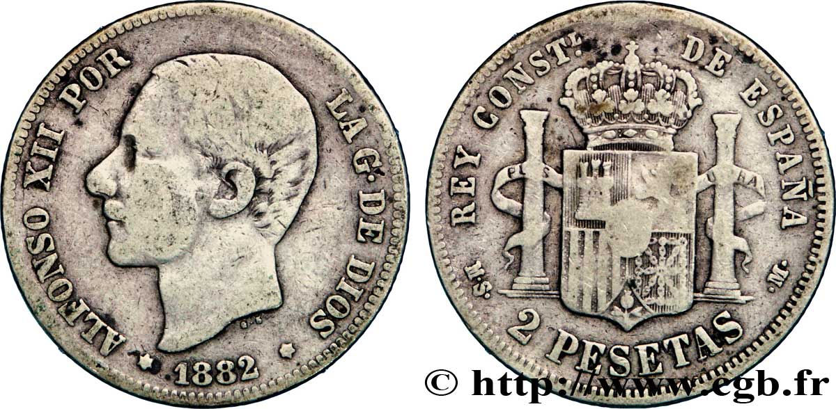 ESPAGNE 2 Pesetas Alphonse XII / emblème couronné (1882) 1882  TB 