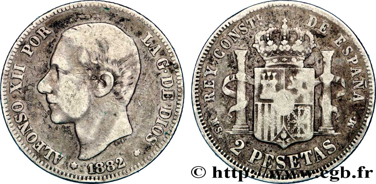 ESPAGNE 2 Pesetas Alphonse XII / emblème couronné (1882) 1882  TB+ 