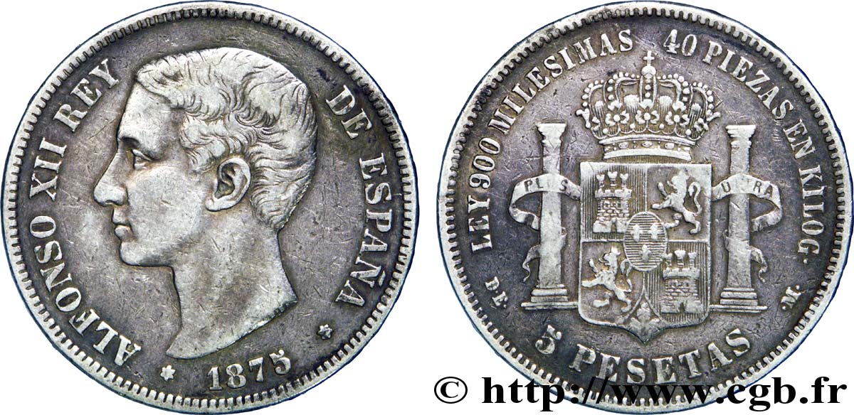 ESPAGNE 5 Pesetas Alphonse XII 1875 Madrid TB 