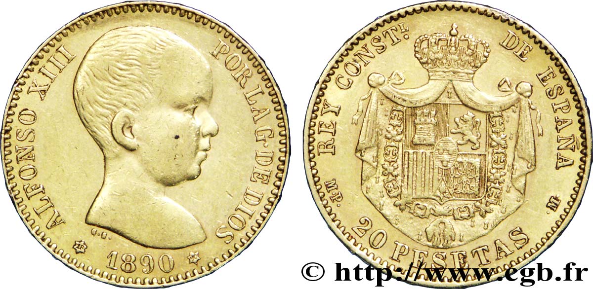 ESPAGNE 20 Pesetas OR Alphonse XIII buste bébé 1890 Madrid TTB+ 