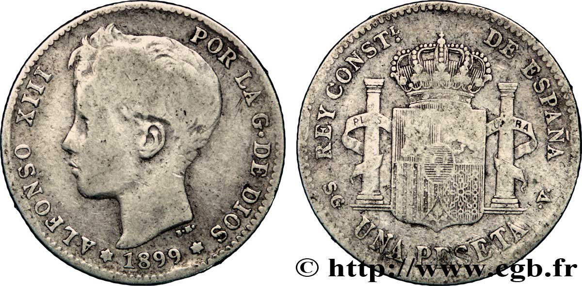 ESPAGNE 1 Peseta Alphonse XIII 3e type de buste / emblème couronné 1899 Madrid TB 