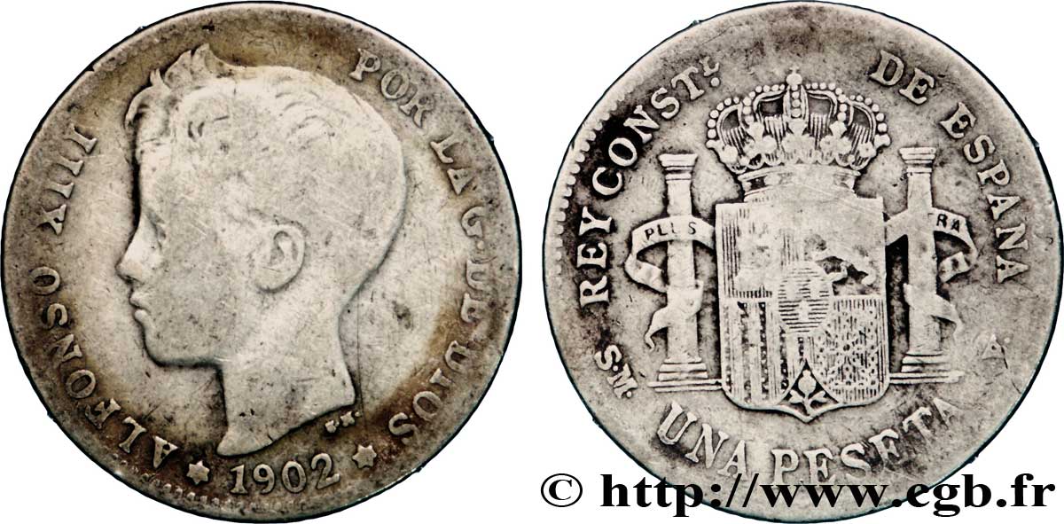 ESPAGNE 1 Peseta Alphonse XIII 3e type de buste / emblème couronné 1902 Madrid B 