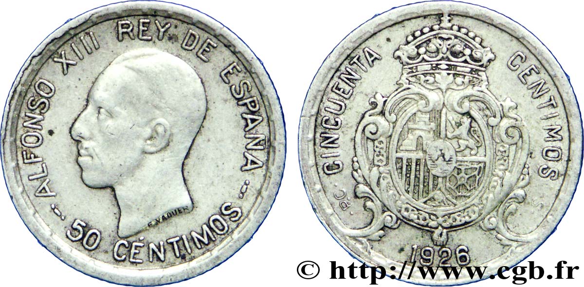 ESPAGNE 50 Centimos Alphonse XIII  1926 Madrid TTB 