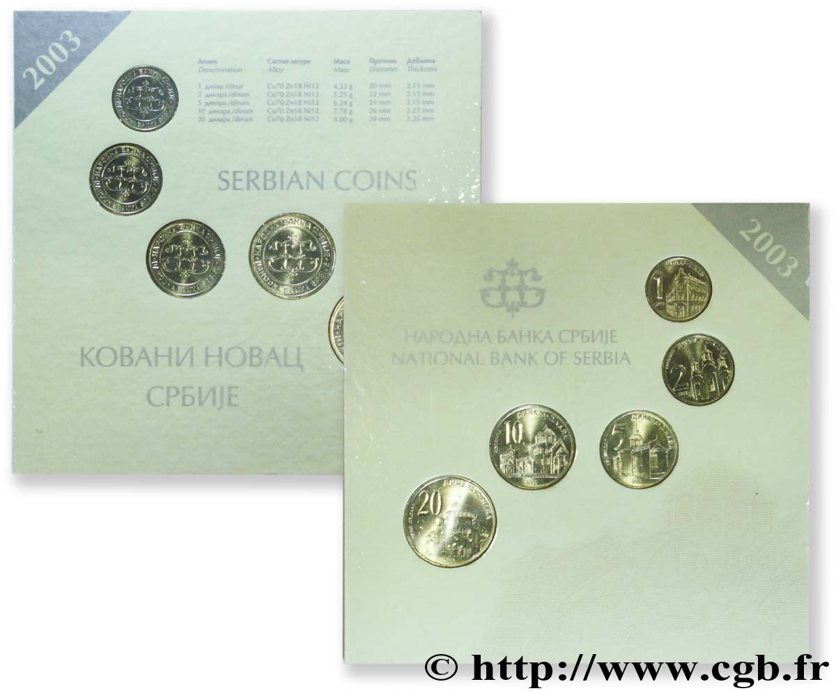 SERBIE Série BU Banque Nationale de Serbie : 5 monnaies de 1, 2, 5, 10 et 20 Dinara 2003  FDC 