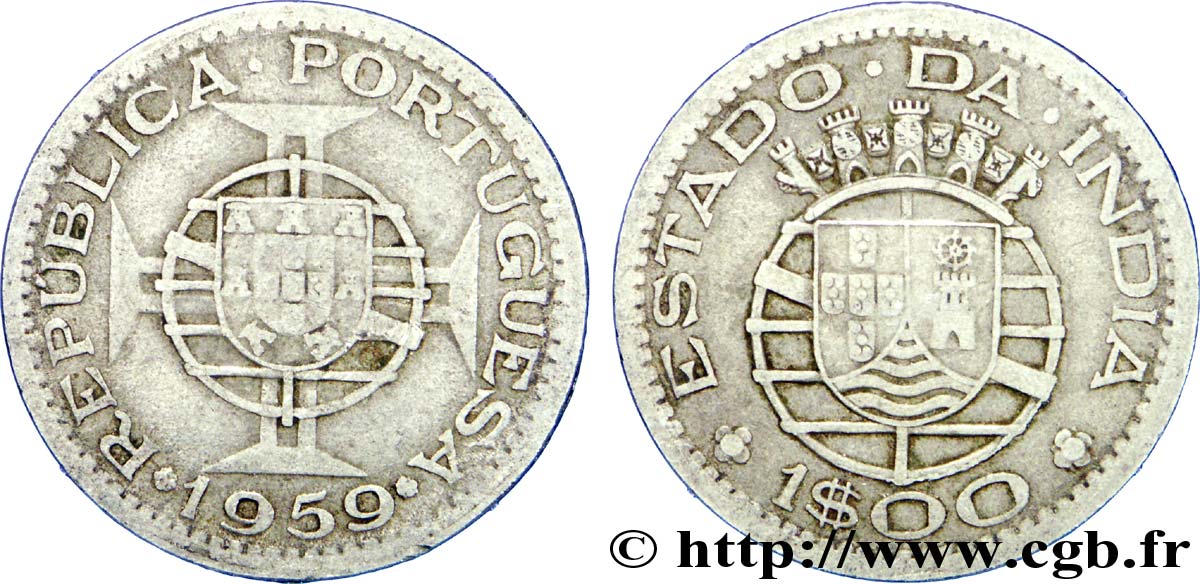 INDE PORTUGAISE 1 Escudo emblème du Portugal / emblème de l’État portugais de l Inde 1959  TTB 