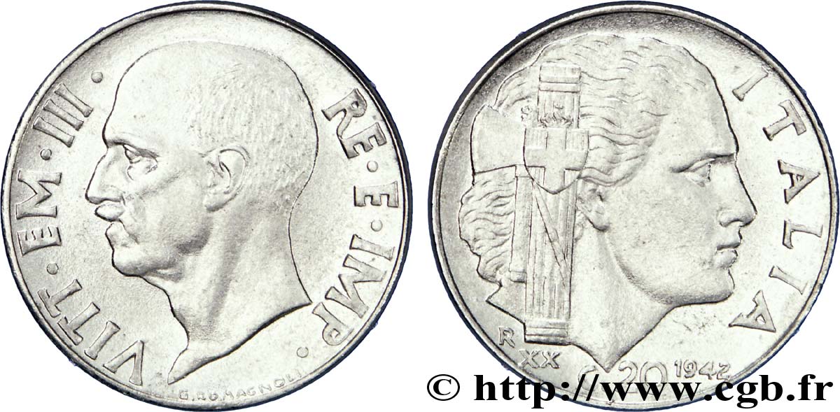 ITALIA 20 Centesimi roi Victor-Emmanuel III / allégorie de l’Italie et faisceau an XX 1942 Rome - R EBC 