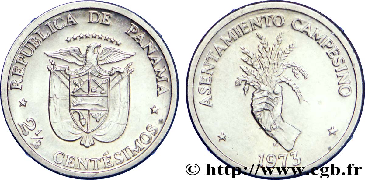 PANAMA 2 1/2 Centesimos emblème / main tenant des épis 1973  TTB+ 