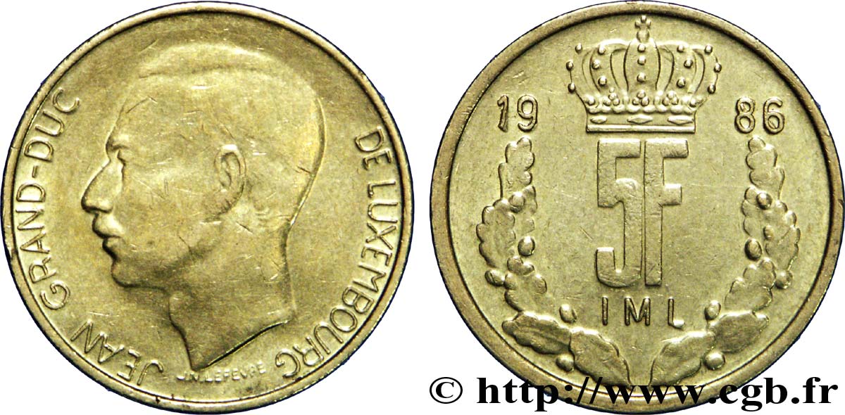 LUXEMBOURG 5 Francs Grand-Duc Jean / 5 F couronné et rameaux 1987  TTB+ 