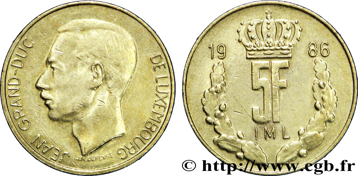 LUXEMBOURG 5 Francs Grand-Duc Jean / 5 F couronné 1986  TTB+ 