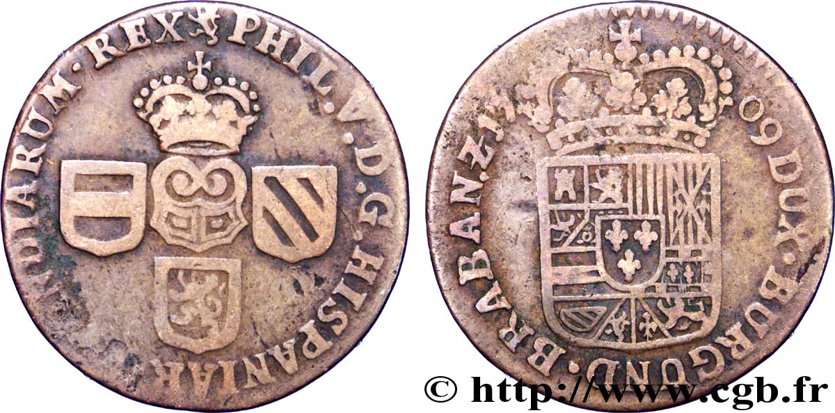 BELGIQUE - NAMUR 1 Liard Duché de Namur frappe au nom de Philippe V d’Espagne 1709 Namur TB 