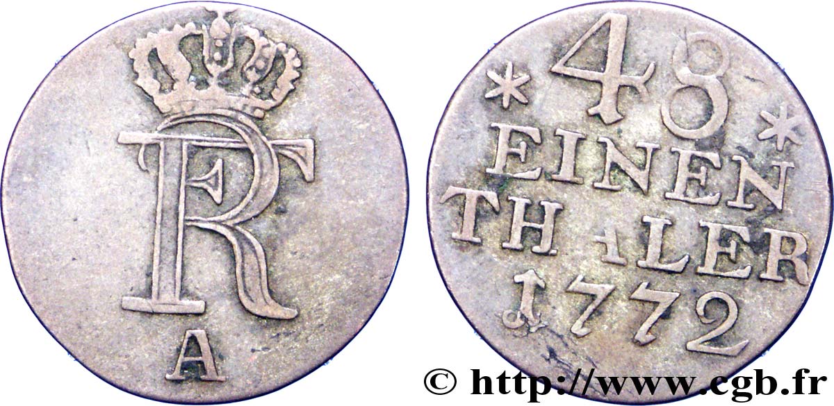 ALLEMAGNE - PRUSSE 1/48 Thaler Royaume de Prusse monogramme de Frédéric II 1772 Berlin TTB 