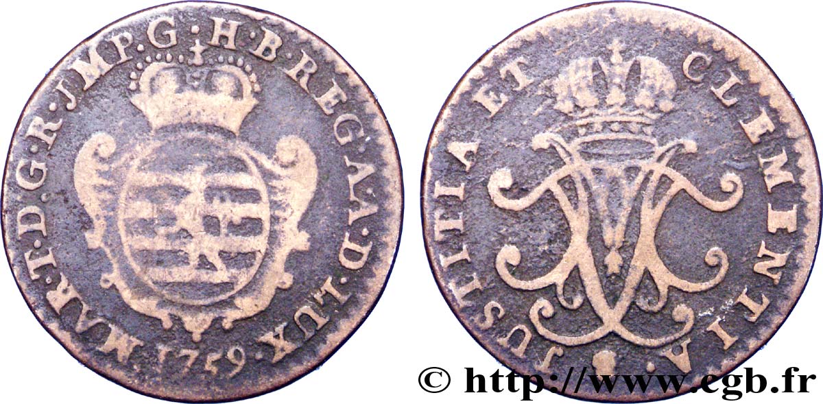 LUXEMBOURG 1 Liard emblème / monogramme couronné de Marie-Thérèse d’Autriche 1759 Bruxelles TB 