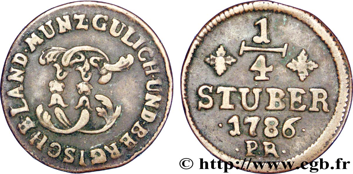 ALLEMAGNE - JULIERS-BERG 1/4 Stuber Duché de Jülich-Berg monogramme de Carl Théodore de Bavière 1786 Düsseldorf TB 