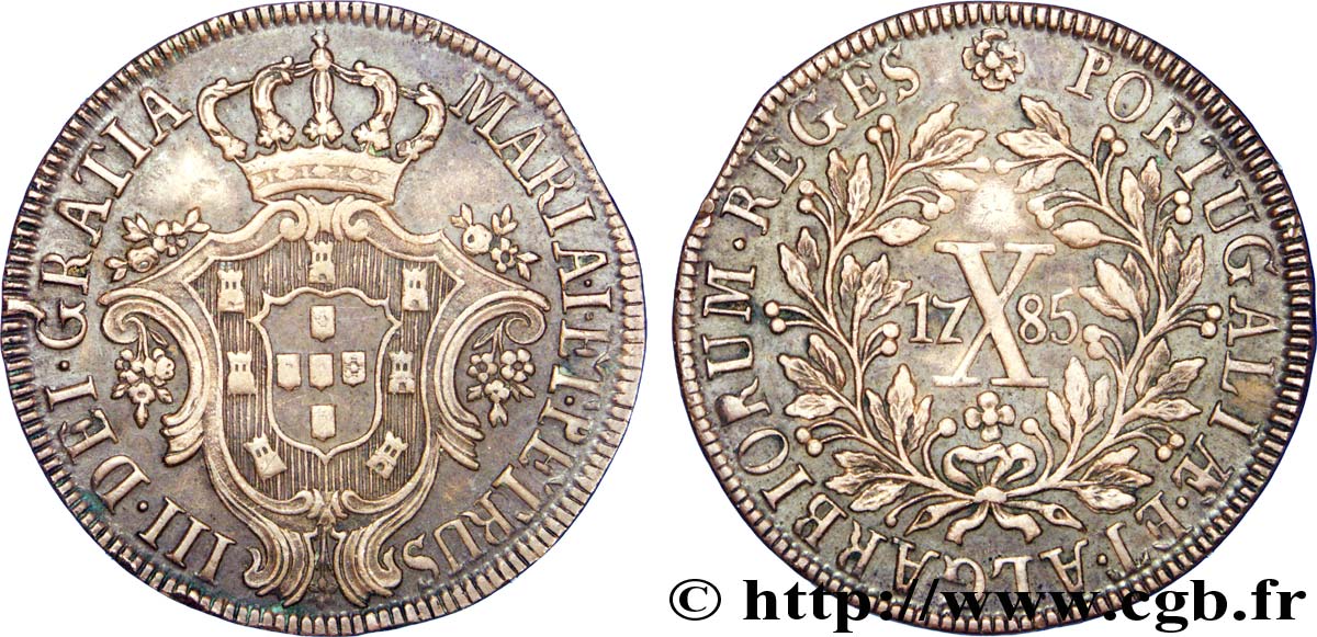 PORTUGAL 10 Réis armes couronnée frappe au nom de Marie I (Maria) et Pierre III (Pedro III) 1785  TTB+ 
