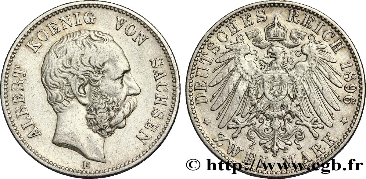 ALLEMAGNE - SAXE 2 Mark Royaume de Saxe, roi Albert / aigle impérial 1896 Muldenhütten - E TTB 
