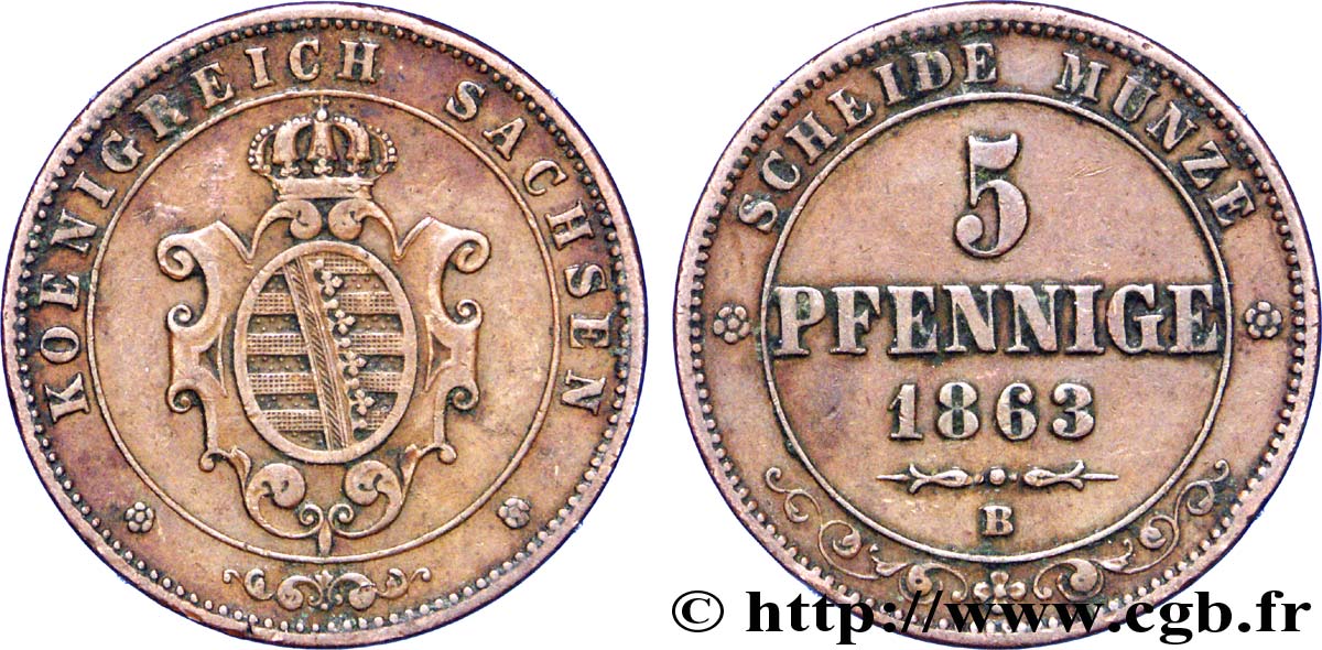 ALLEMAGNE - SAXE 5 Pfennige Royaume de Saxe, blason 1863 Dresde TTB 