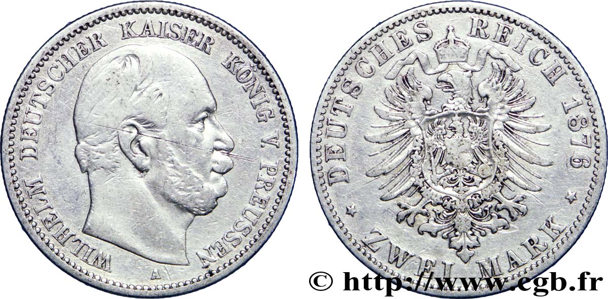ALLEMAGNE - PRUSSE 2 Mark Guillaume / aigle 1876 Berlin TB+ 