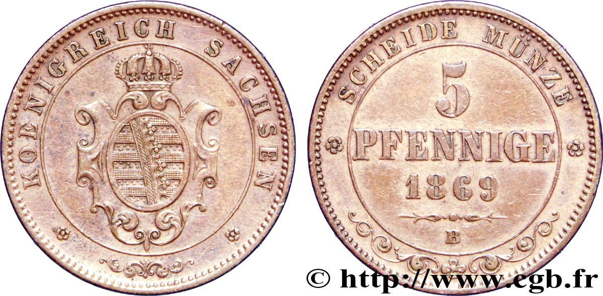 ALLEMAGNE - SAXE 5 Pfennige Royaume de Saxe, blason 1869 Dresde TTB+ 