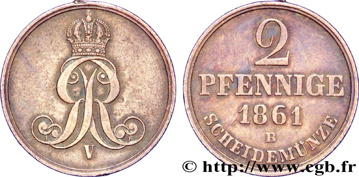 ALLEMAGNE - HANOVRE 2 Pfennige Royaume de Hanovre monograme GR (roi Georges V) 1861  TTB 