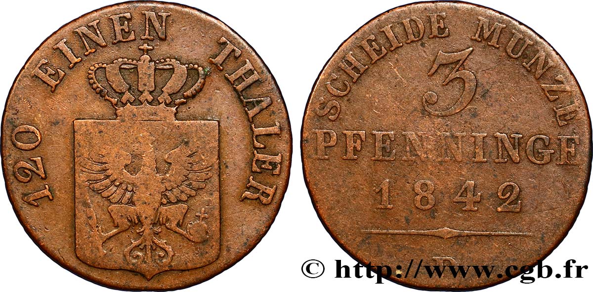 GERMANY - PRUSSIA 3 Pfenninge Royaume de Prusse écu à l’aigle 1842 Düsseldorf VF 