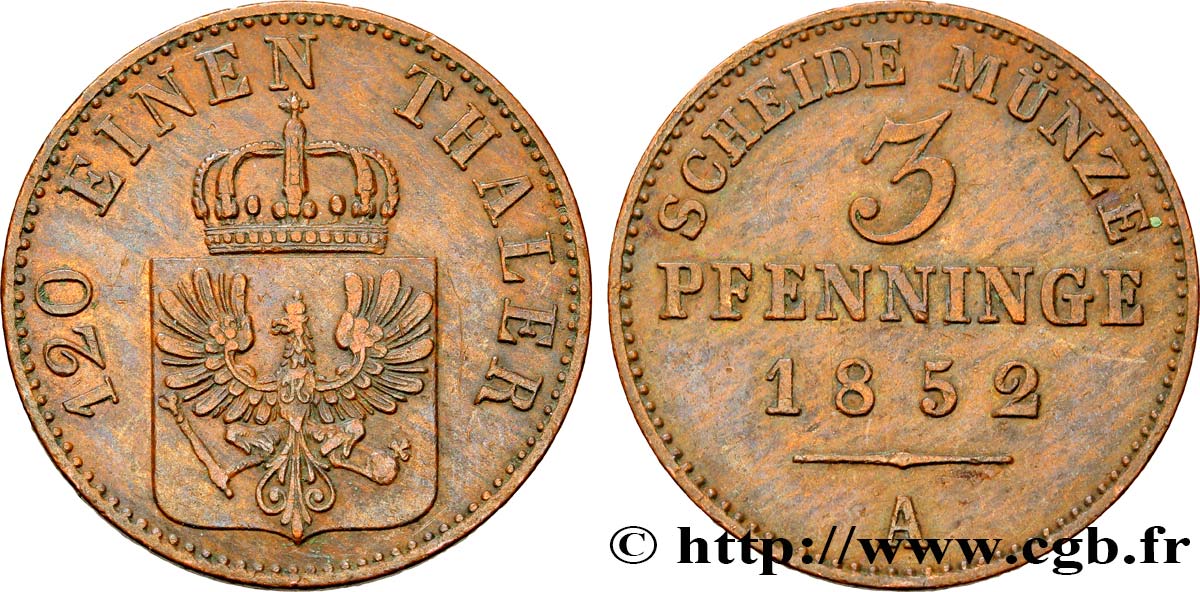 ALEMANIA - PRUSIA 3 Pfenninge Royaume de Prusse écu à l’aigle 1852 Berlin EBC 