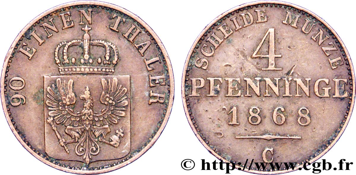 ALLEMAGNE - PRUSSE 4 Pfenninge Royaume de Prusse écu à l’aigle 1868 Francfort - C TTB 