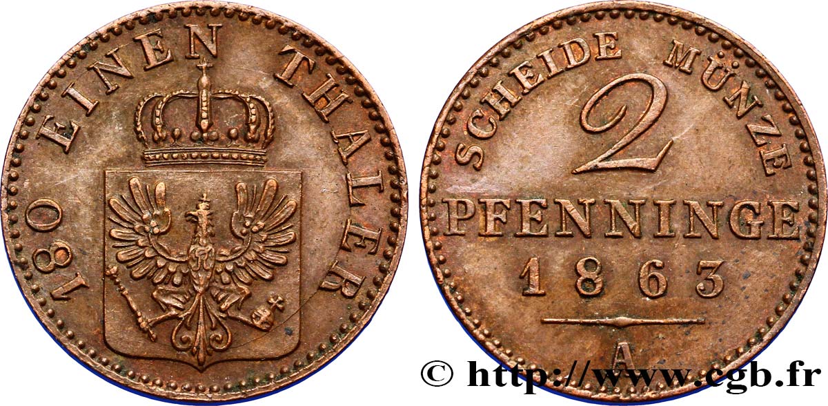 ALEMANIA - PRUSIA 2 Pfenninge Royaume de Prusse écu à l’aigle 1863 Berlin EBC 