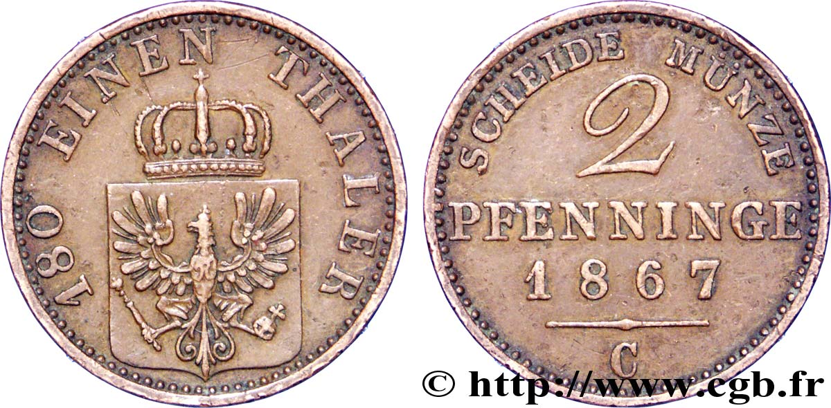 ALLEMAGNE - PRUSSE 2 Pfenninge Royaume de Prusse écu à l’aigle 1867 Francfort - C TTB+ 