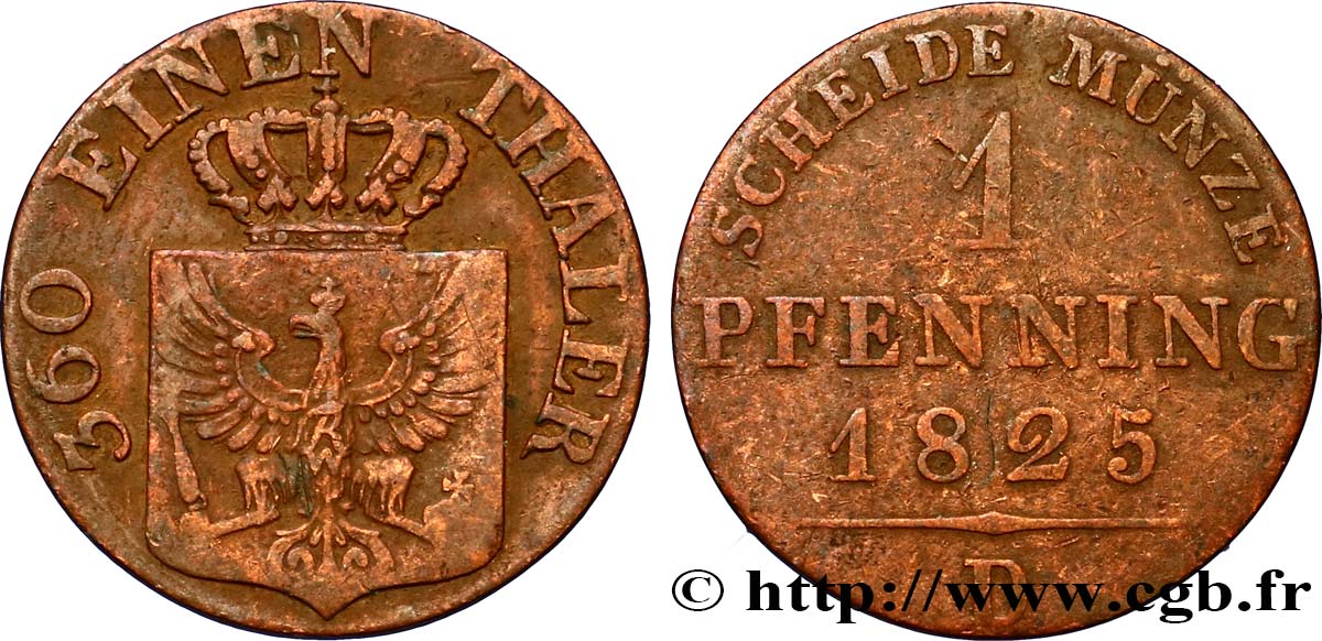 ALEMANIA - PRUSIA 1 Pfenninge Royaume de Prusse écu à l’aigle 1825 Düsseldorf - D BC+ 