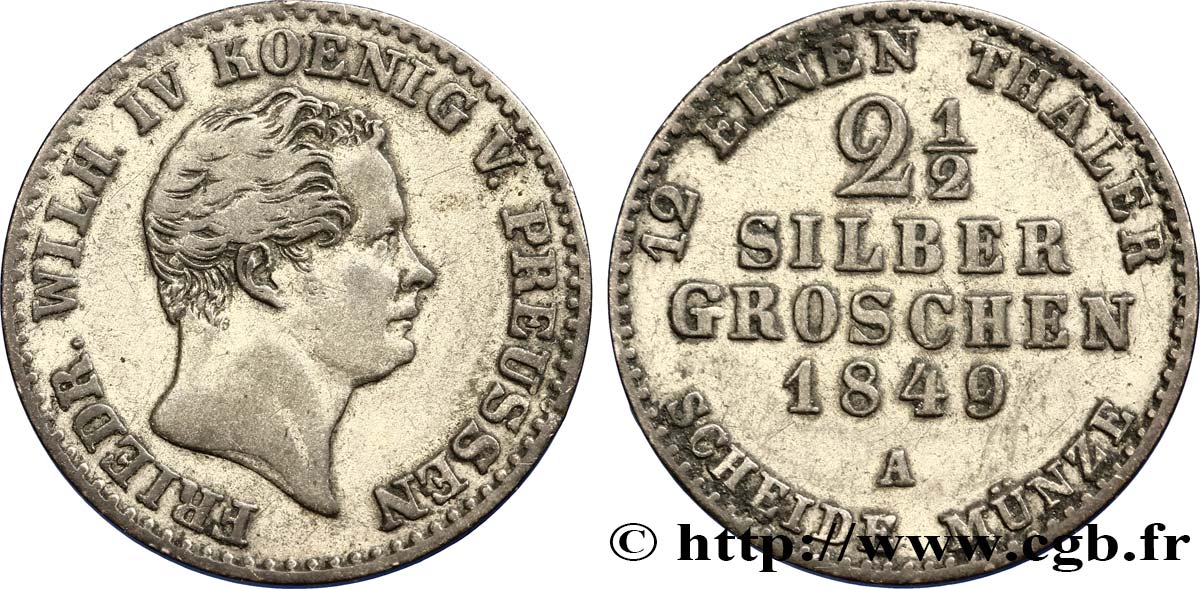 GERMANY - PRUSSIA 2 1/2 Silbergroschen Royaume de Prusse Frédéric Guillaume IV 1849 Berlin XF 
