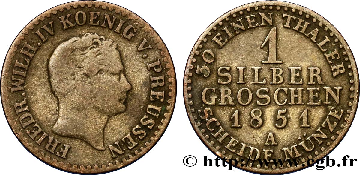 ALLEMAGNE - PRUSSE 1 Silbergroschen Royaume de Prusse Frédéric-Guillaume IV 1851 Berlin TB 