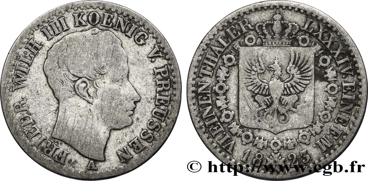 GERMANY - PRUSSIA 1/6 Thaler Frédéric-Guillaume III roi de Prusse 1823 Berlin VF 