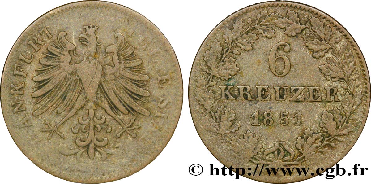 GERMANY - FREE CITY OF FRANKFURT 6 Kreuzer Ville libre de Francfort :  aigle 1851 Francfort VF 