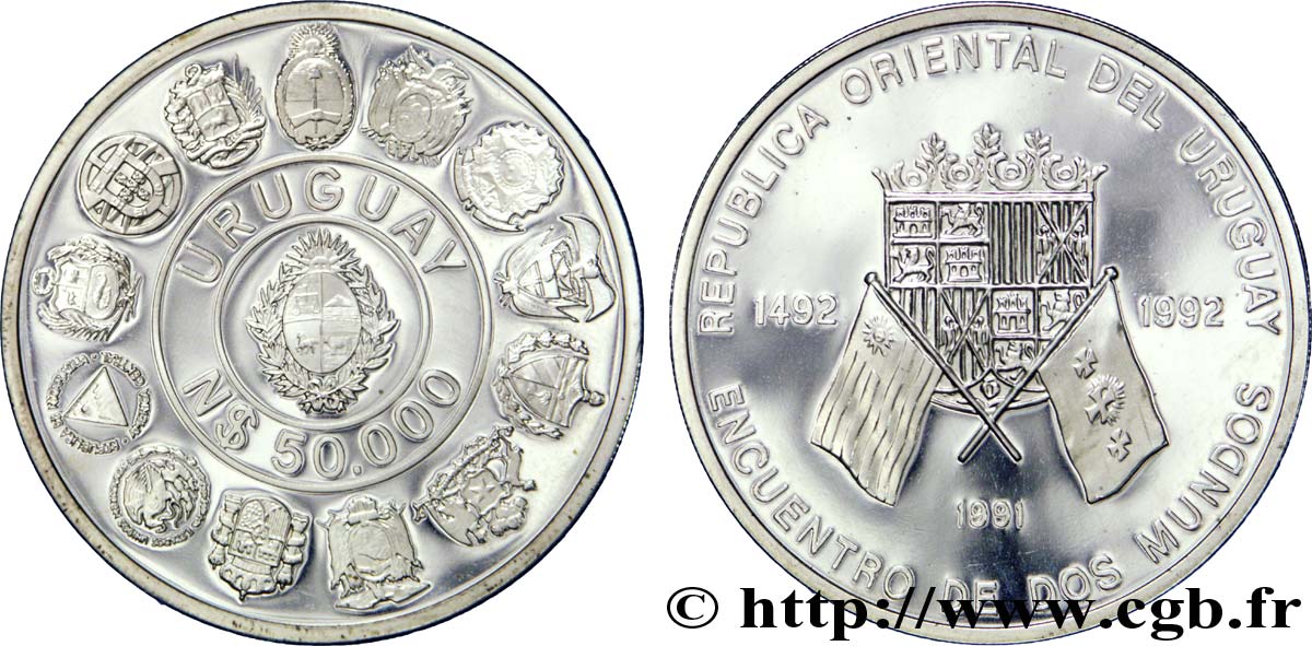 URUGUAY 50.000 Nuevos Pesos BE (Proof) Rencontre des deux mondes : armes des 14 pays / armes de l’Espagne et drapeaux croisés 1991  FDC 