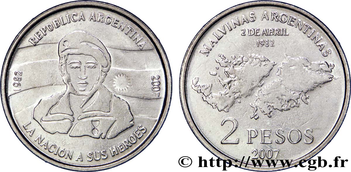 ARGENTINA 2 Pesos hommage aux combattants des îles Malouines : soldat / carte de l’archipel 2007  SPL 