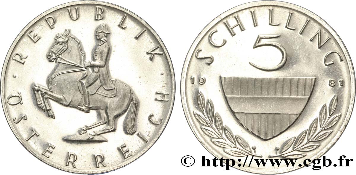 AUTRICHE 5 Schilling be (proof) bouclier / cavalier sur un cheval Lippizan du haras de Piber  1981  SPL 