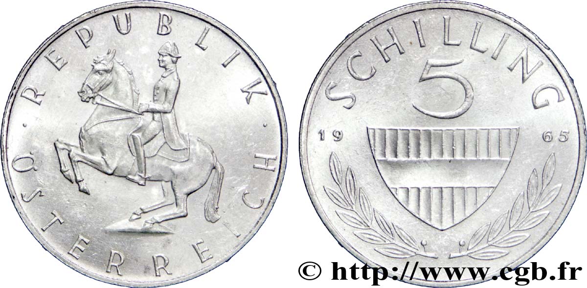 AUTRICHE 5 Schilling bouclier / cavalier sur un cheval Lippizan du haras de Piber  1965  SUP 