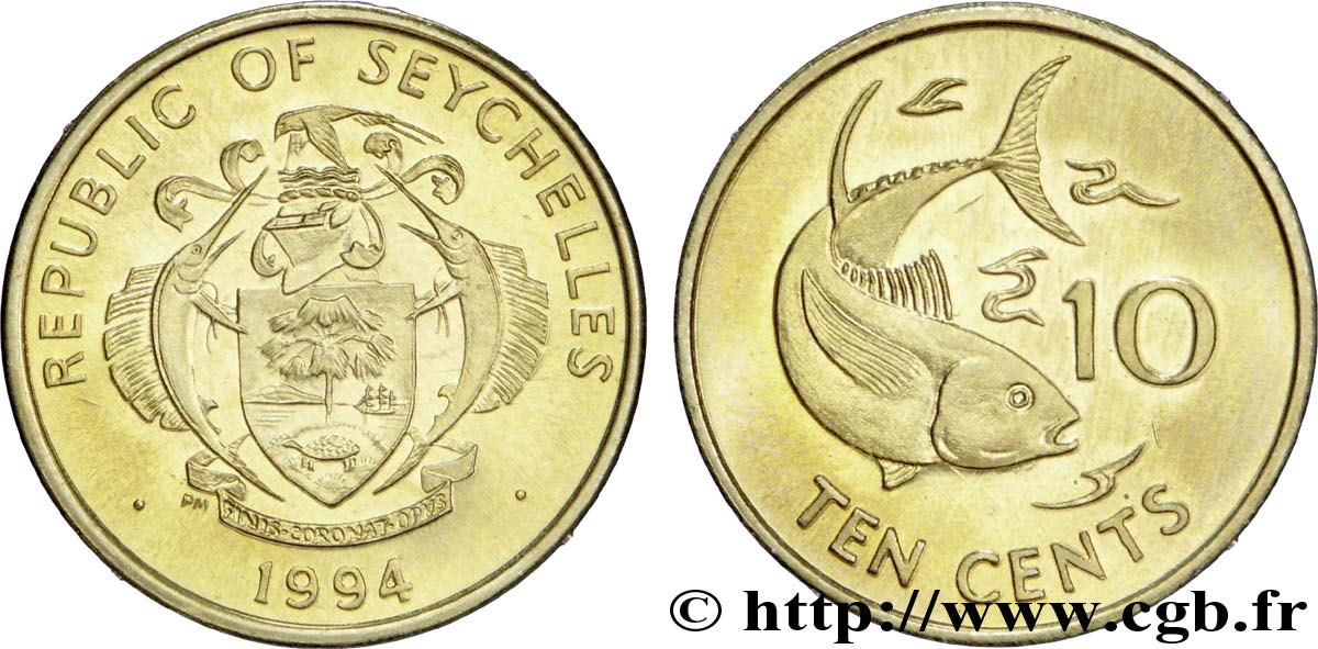 SEYCHELLES 10 Cents emblème / thon 1994  SPL 