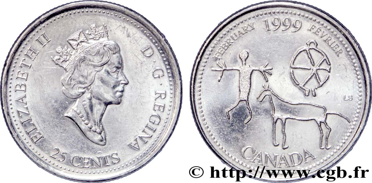 CANADA 25 Cents série du Millénium - Février : Elisabeth II / pétroglyphes indiens  1999  SUP 