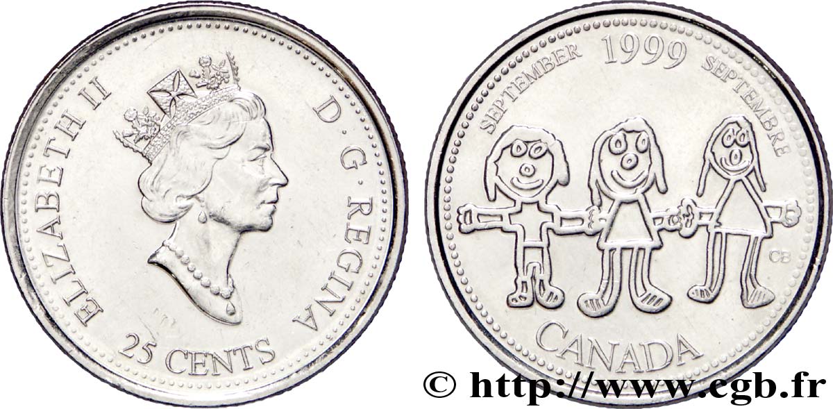CANADA 25 Cents série du Millénium - Septembre : Elisabeth II / dessins d’enfants 1999  SUP 