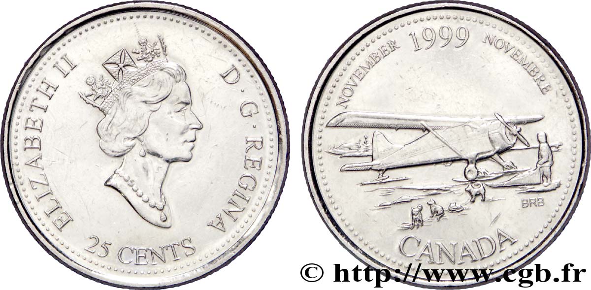 CANADA 25 Cents Millénium 1999 - Novembre : Elisabeth II / avion et traineau dans le Grand Nord 1999  SUP 