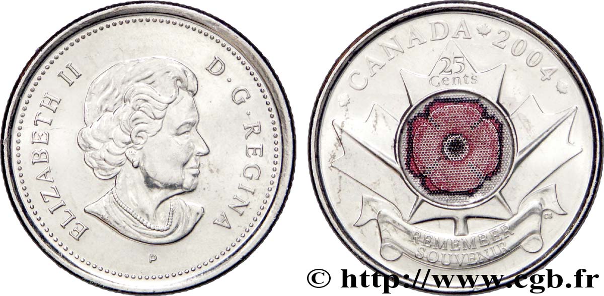 CANADA 25 Cents Jour du Souvenir (Poppy quarter) :  Elisabeth II / coquelicot 2004 Royal Canadian Mint SUP 