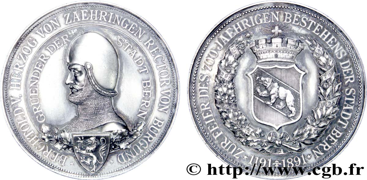 SUISSE - MONNAIES CANTONALES Médaille du 700e anniversaire de Berne : armes / Bertold V de Zähringen 1891  SUP 