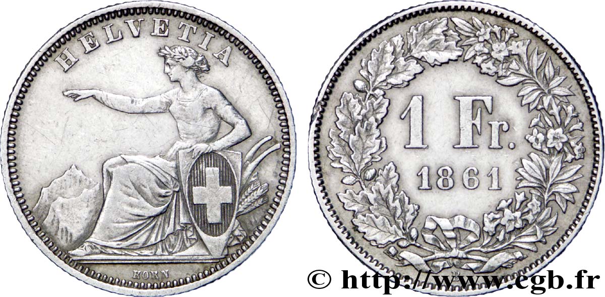 SUISSE 1 Franc Helvetia 1861 Berne - B TTB 